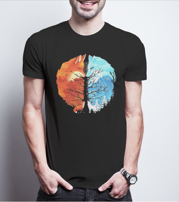Fire And Ice Fox Dual Seasons Tree T-Shirt