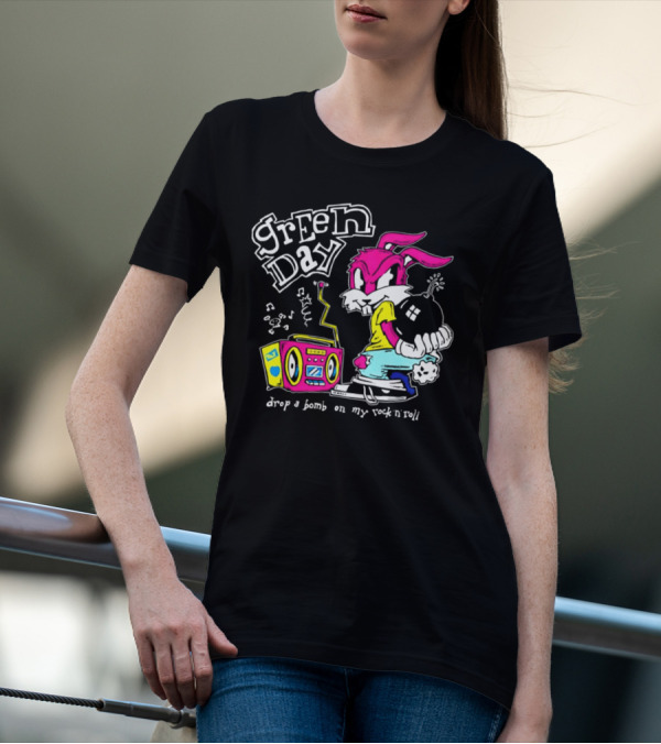 Green Day Drop A Bomb On My Rock ‘N’ Roll Pink Rabbit And Boombox T-Shirt