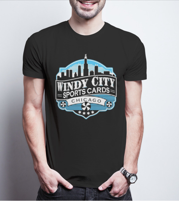 Windy City Sports Cards Chicago Skyline With Stars And Peppermint Swirls T-Shirt