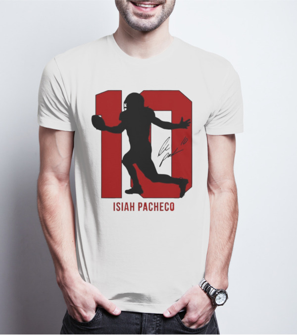 Isiah Pacheco Number 10 Kansas City Chiefs Silo Signature Action T-Shirt