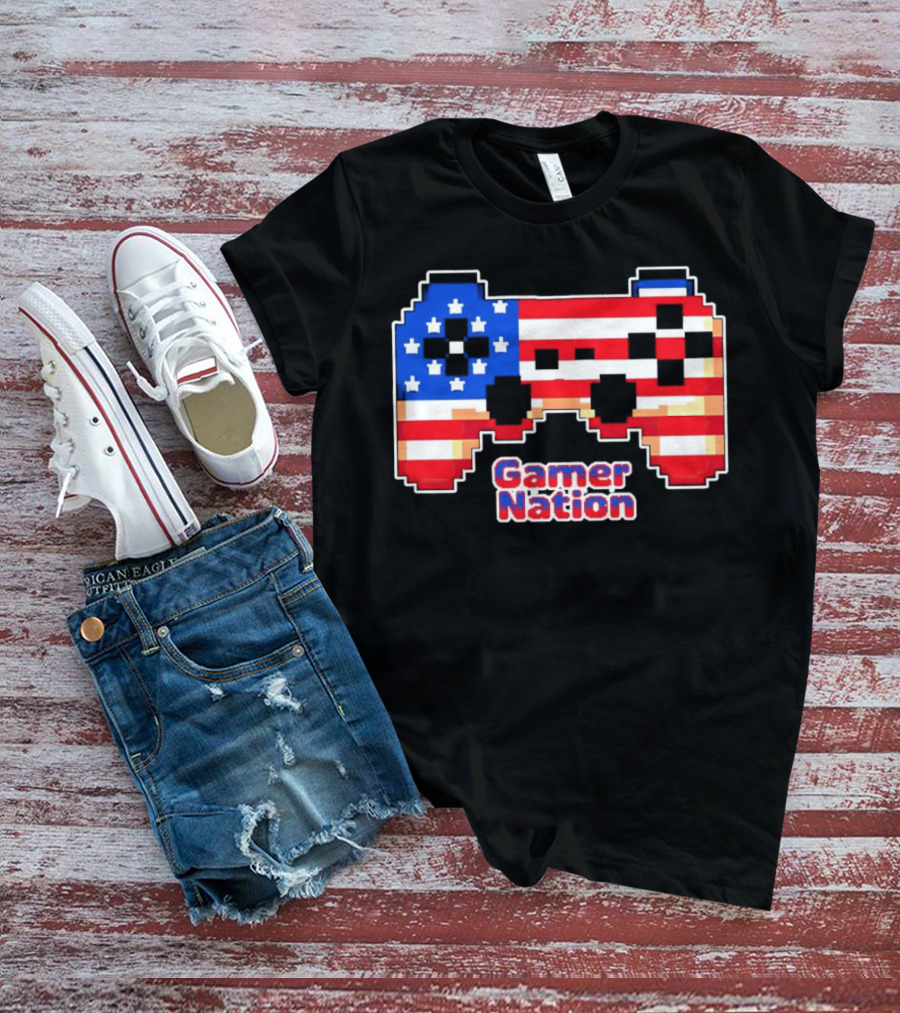 American Flag Pixel Art Gamer Nation Controller T-Shirt