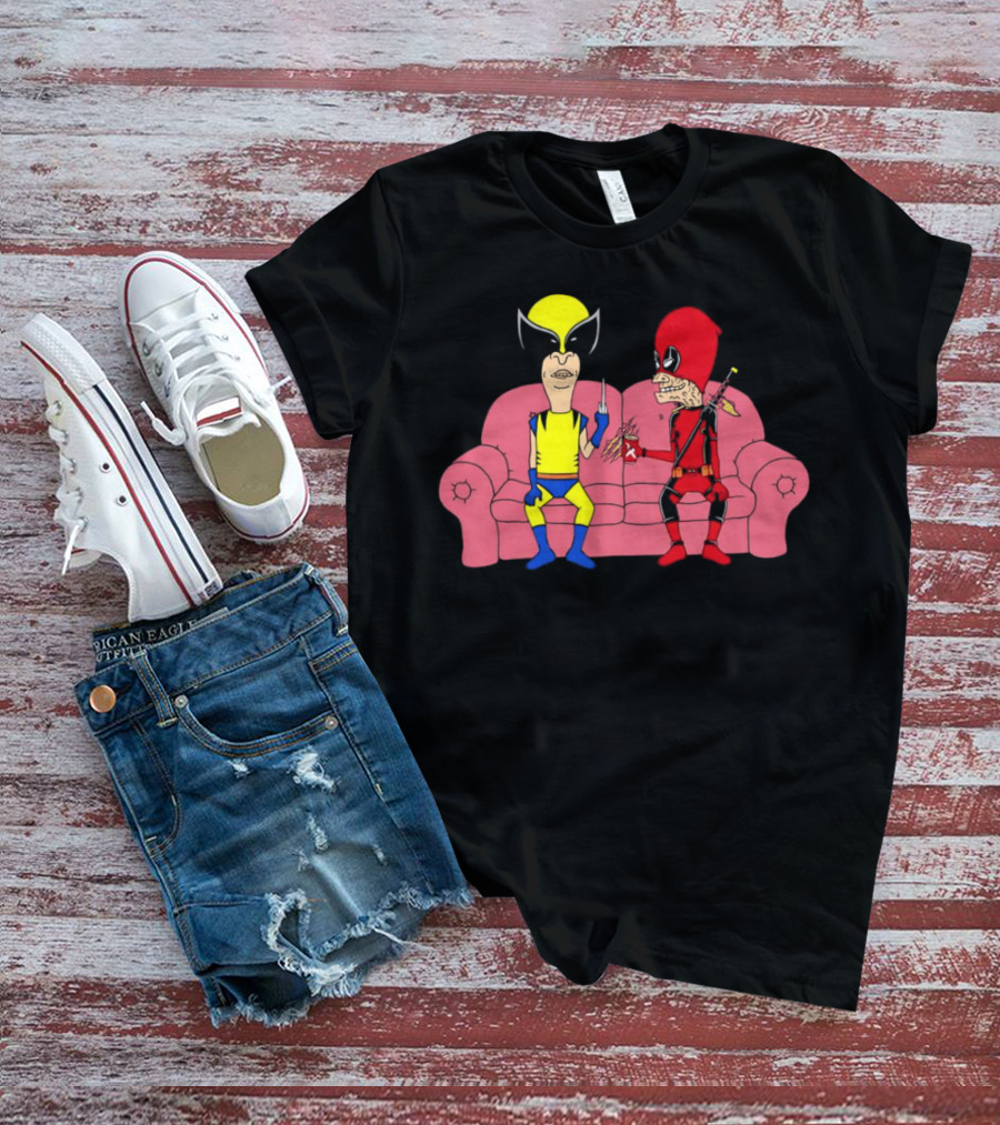 Beavis And Butt-Head X Deadpool And Wolverine Characters Crossover Cartoon Sitting On Couch T-Shirt