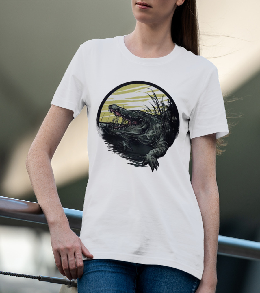 Crocodile Emerging From Water With Yellow Sky And Reeds T-Shirt