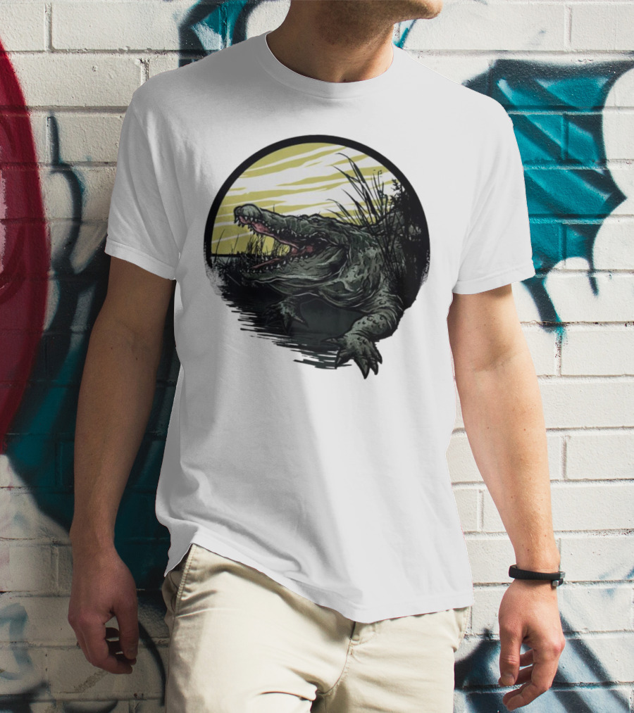 Crocodile Emerging From Water With Yellow Sky And Reeds T-Shirt