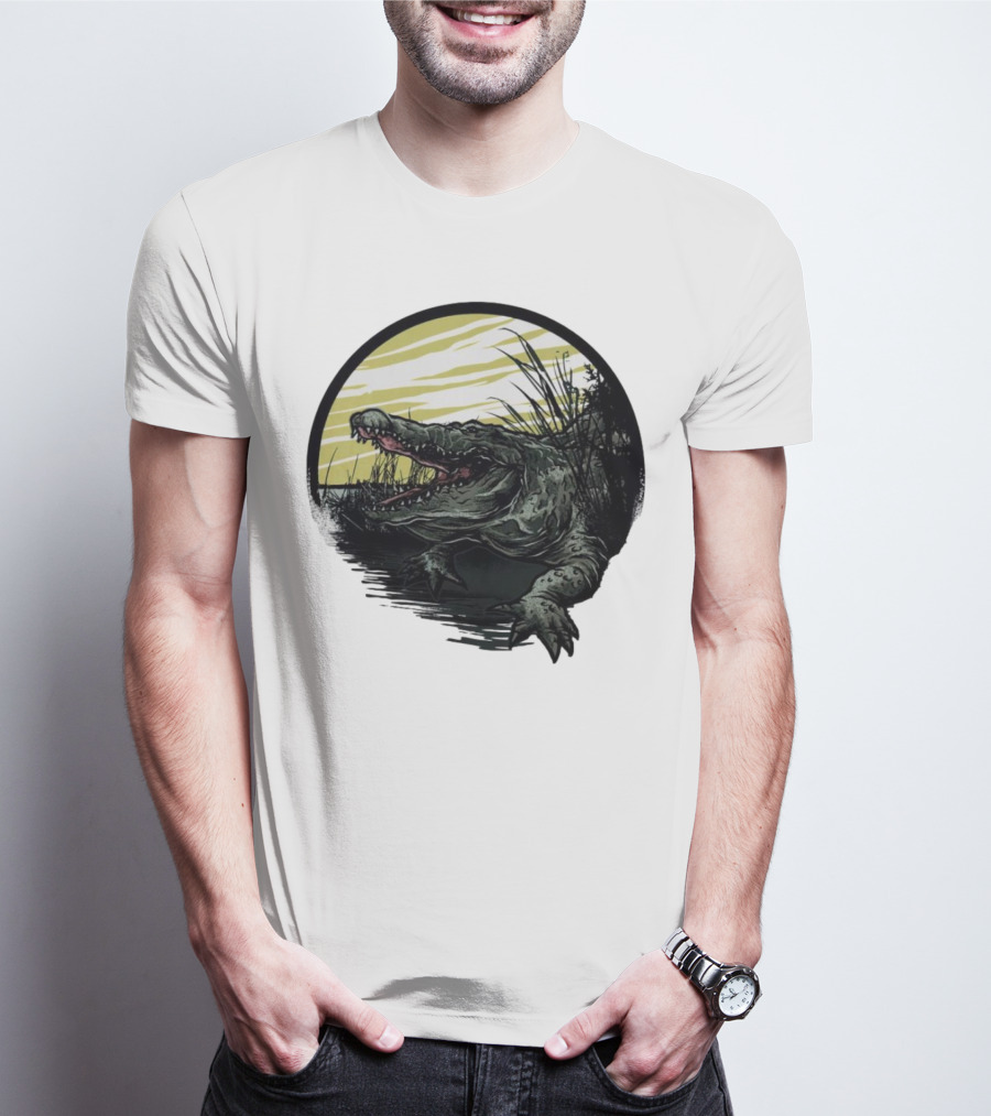Crocodile Emerging From Water With Yellow Sky And Reeds T-Shirt