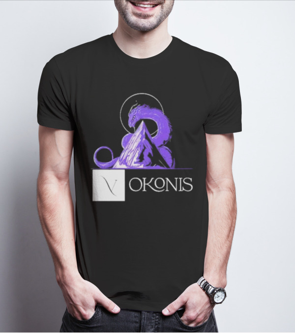 Vokonis Purple Dragon Coiled On Mountain Peak With Crescent Moon T-Shirt