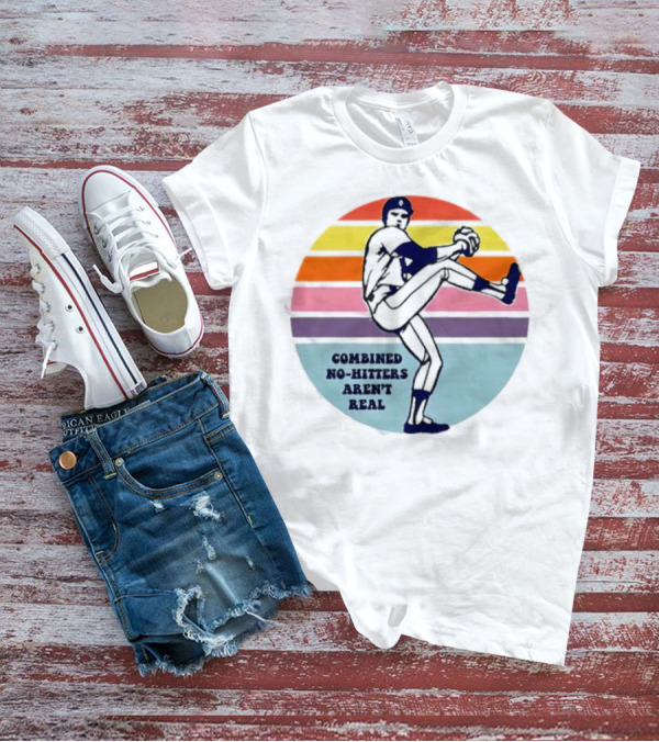 Combined No-Hitters Aren't Real Baseball Pitcher With Colorful Stripes Background T-Shirt