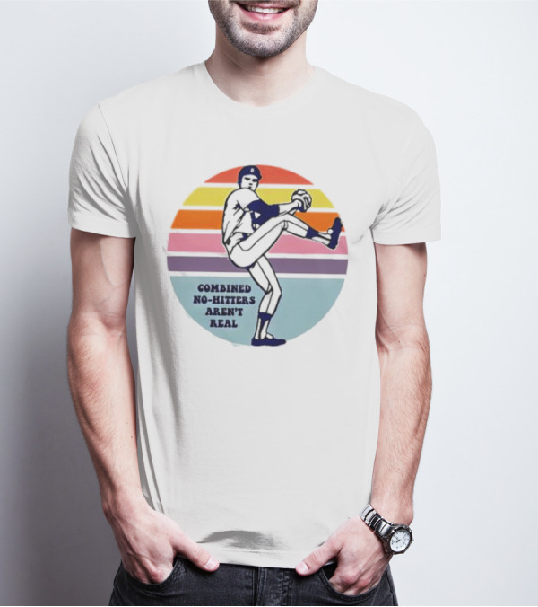 Combined No-Hitters Aren't Real Baseball Pitcher With Colorful Stripes Background T-Shirt