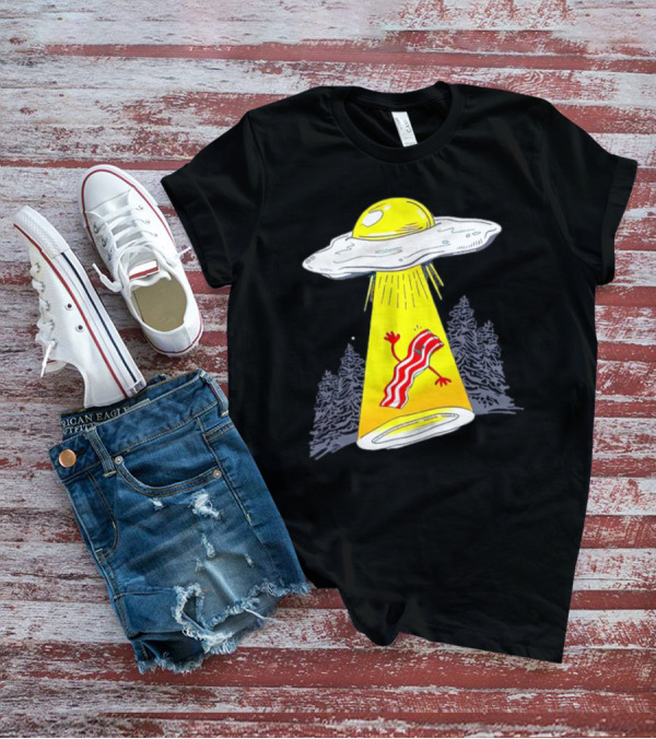 Wonder Nation Alien Breakfast Egg UFO Beaming Up A Walking Bacon Slice In Forest T-Shirt