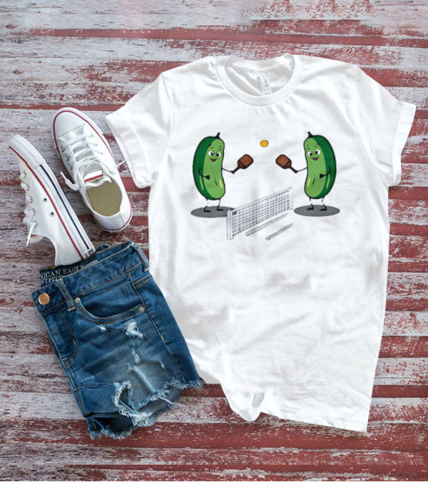 Pickles Playing Pickleball With Smiling Characters And Paddles T-Shirt