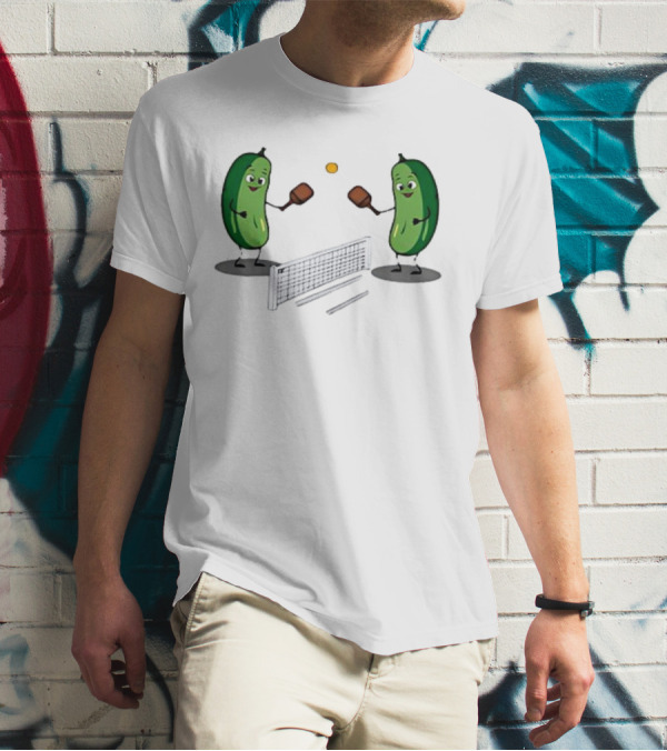 Pickles Playing Pickleball With Smiling Characters And Paddles T-Shirt