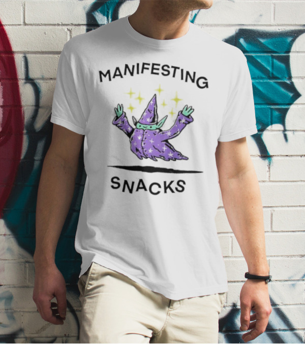 Manifesting Snacks Flying Wizard With Stars T-Shirt