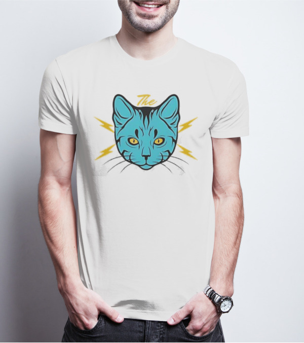The Cat Thunder Studio Blue Cat Head With Yellow Lightning Bolts T-Shirt