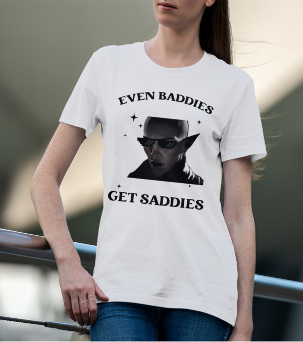 Even Baddies Get Saddies Pixelated Sunglasses Bald Elf Character T-Shirt