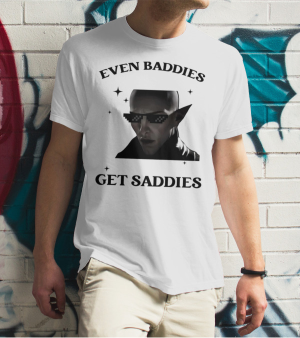 Even Baddies Get Saddies Pixelated Sunglasses Bald Elf Character T-Shirt