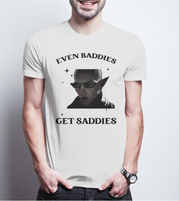 Even Baddies Get Saddies Pixelated Sunglasses Bald Elf Character T-Shirt