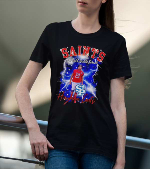Saints St Paul’s Middle School Football Hayden Coats 21 Lightning Background T-Shirt