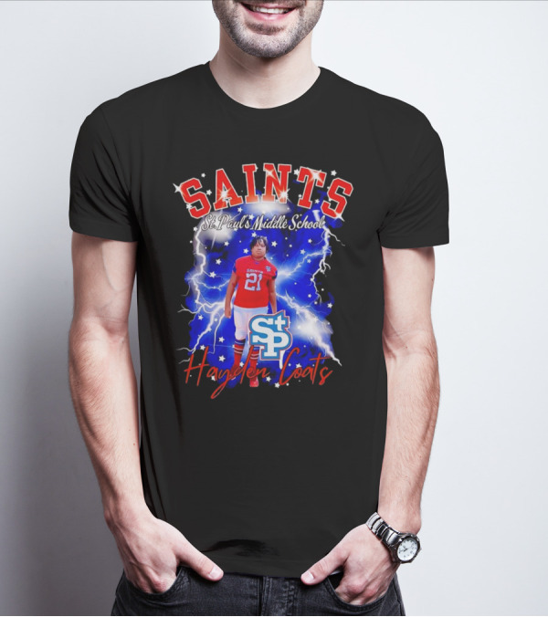 Saints St Paul’s Middle School Football Hayden Coats 21 Lightning Background T-Shirt