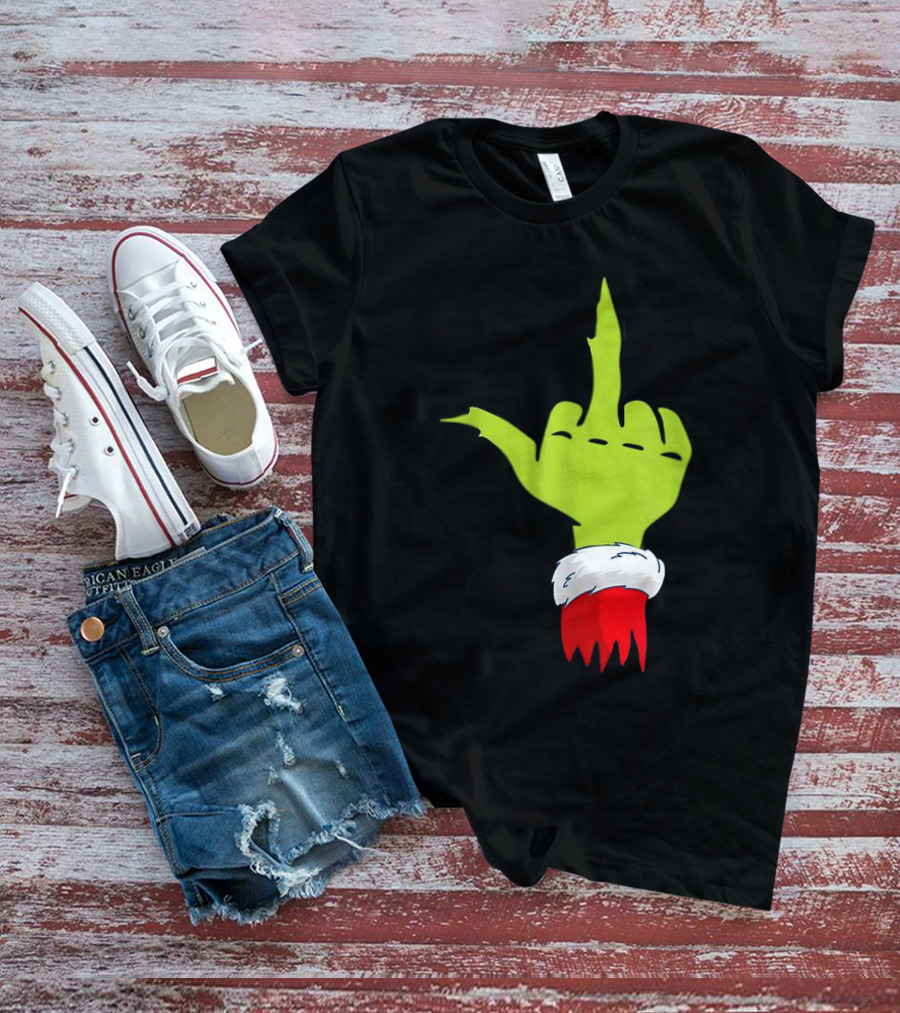 Grinch Middle Finger Merry Christmas Santa Hand Gesture T-Shirt