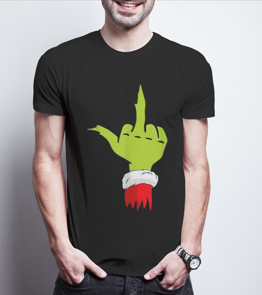 Grinch Middle Finger Merry Christmas Santa Hand Gesture T-Shirt
