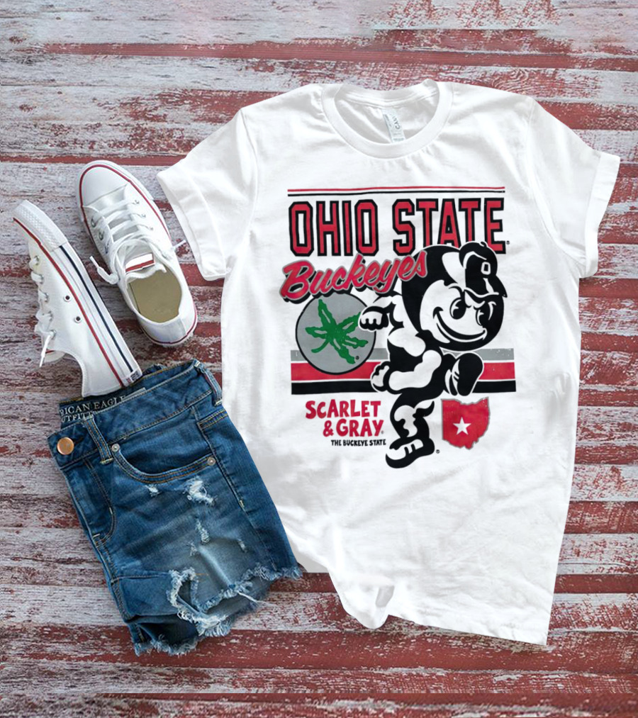 Ohio State Buckeyes Scarlet And Gray Buckeyes State Vintage Style With Script Logo And Buckeye Leaf T-Shirt