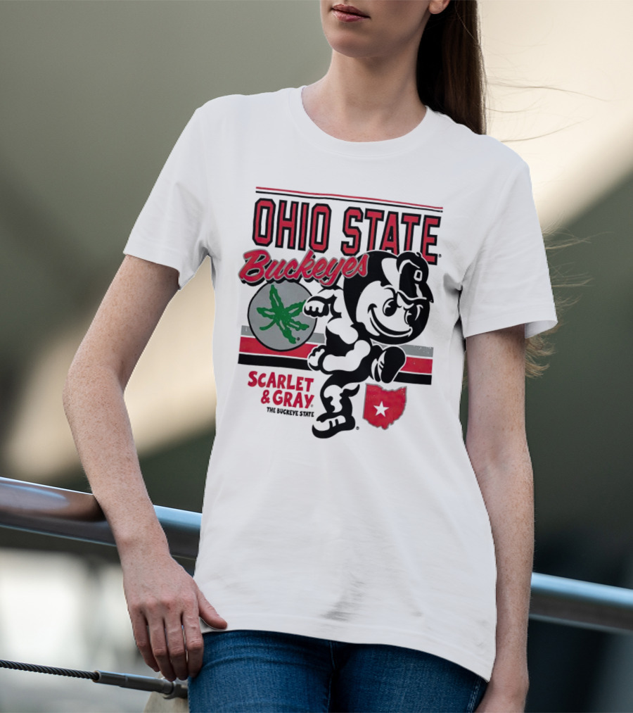 Ohio State Buckeyes Scarlet And Gray Buckeyes State Vintage Style With Script Logo And Buckeye Leaf T-Shirt