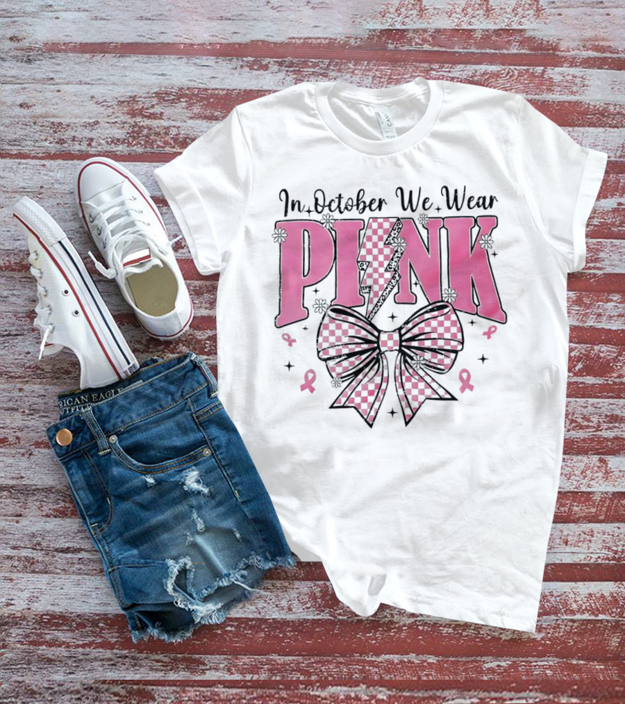 In October We Wear Pink Checkered Bow Lightning T-Shirt