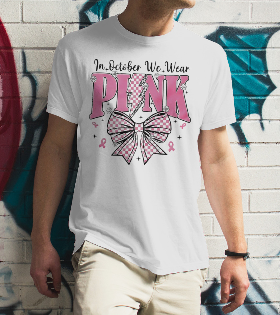 In October We Wear Pink Checkered Bow Lightning T-Shirt