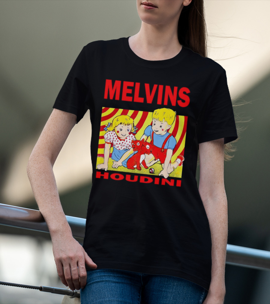 Melvins Houdini Late 00s Jerks Kids With Red Dog And Swirling Red Yellow Background T-Shirt