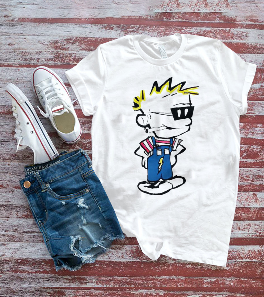 Calvin And Hobbes Spaceman Spiff Lightning Overalls Yellow Hair Sunglasses T-Shirt