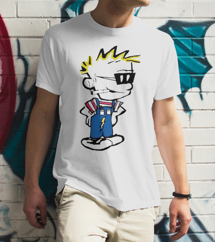 Calvin And Hobbes Spaceman Spiff Lightning Overalls Yellow Hair Sunglasses T-Shirt