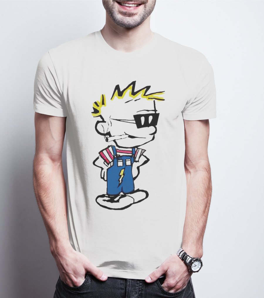 Calvin And Hobbes Spaceman Spiff Lightning Overalls Yellow Hair Sunglasses T-Shirt