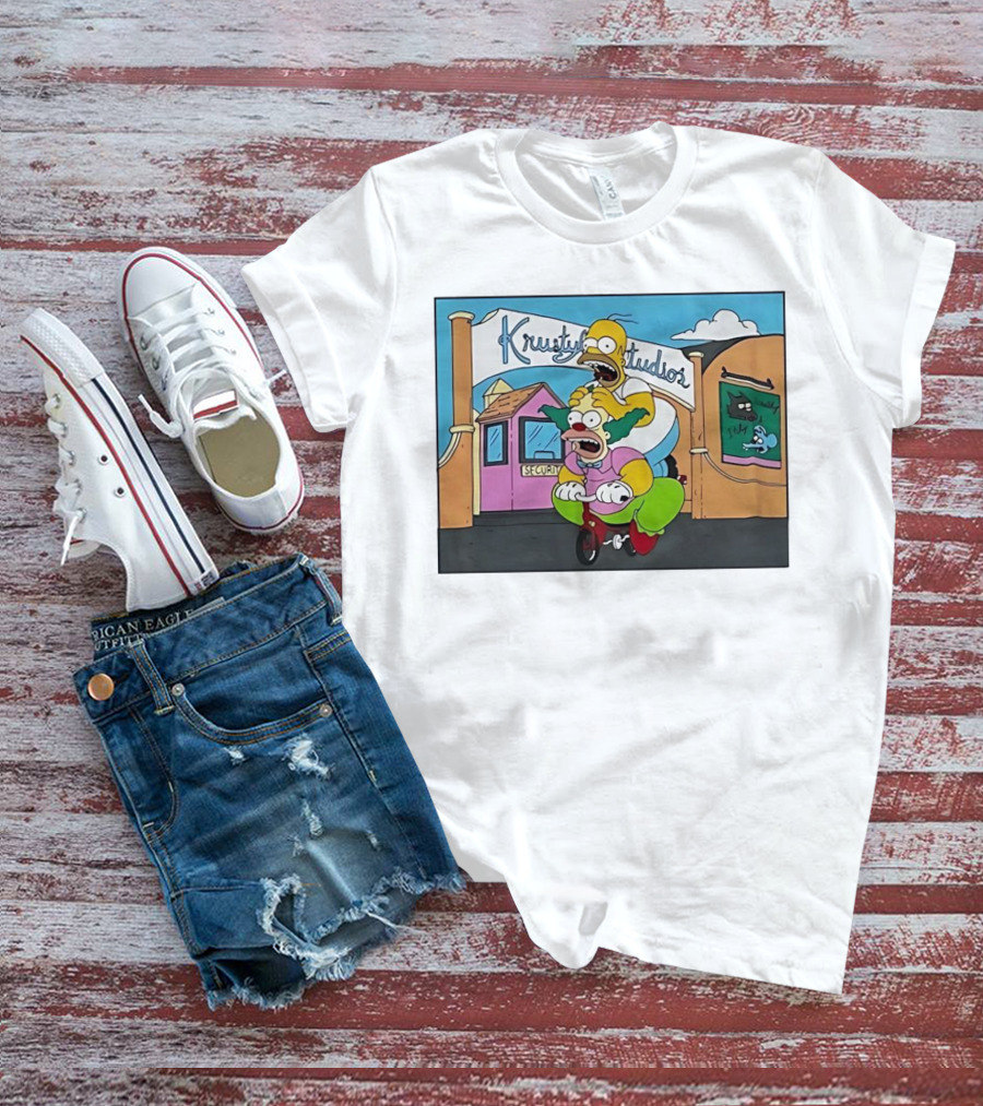 Krustyland Studios With Homer And Krusty The Clown On Bicycle From The Simpsons T-Shirt