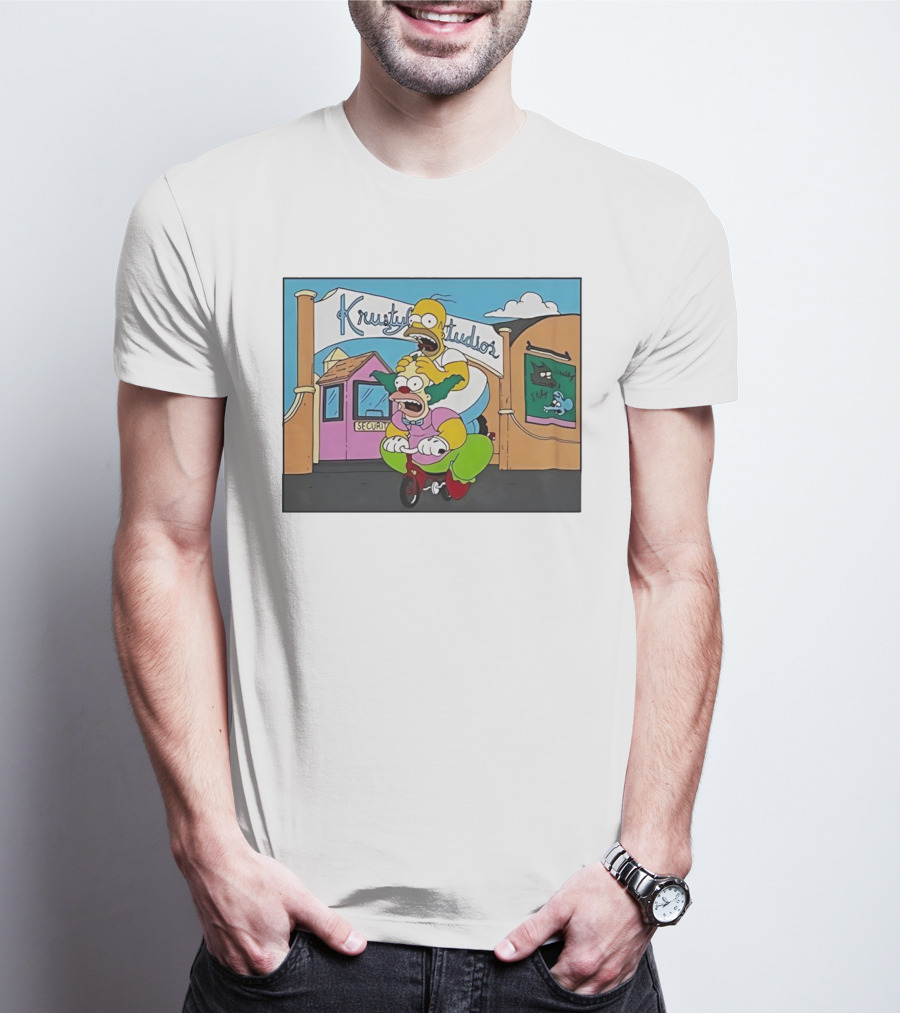 Krustyland Studios With Homer And Krusty The Clown On Bicycle From The Simpsons T-Shirt