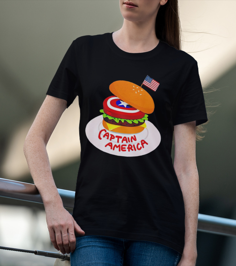 Captain America Burger With Flag And Shield Lettuce Bun T-Shirt