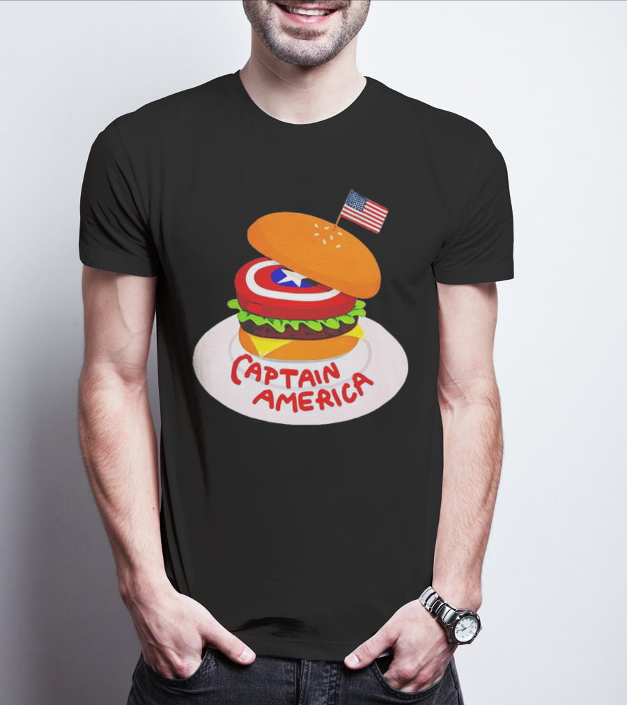 Captain America Burger With Flag And Shield Lettuce Bun T-Shirt