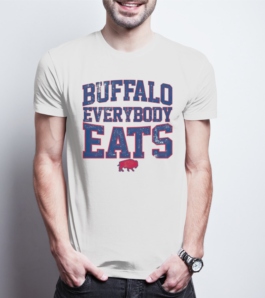 Buffalo Everybody Eats Red Bison Icon Bold Blue Letters T-Shirt