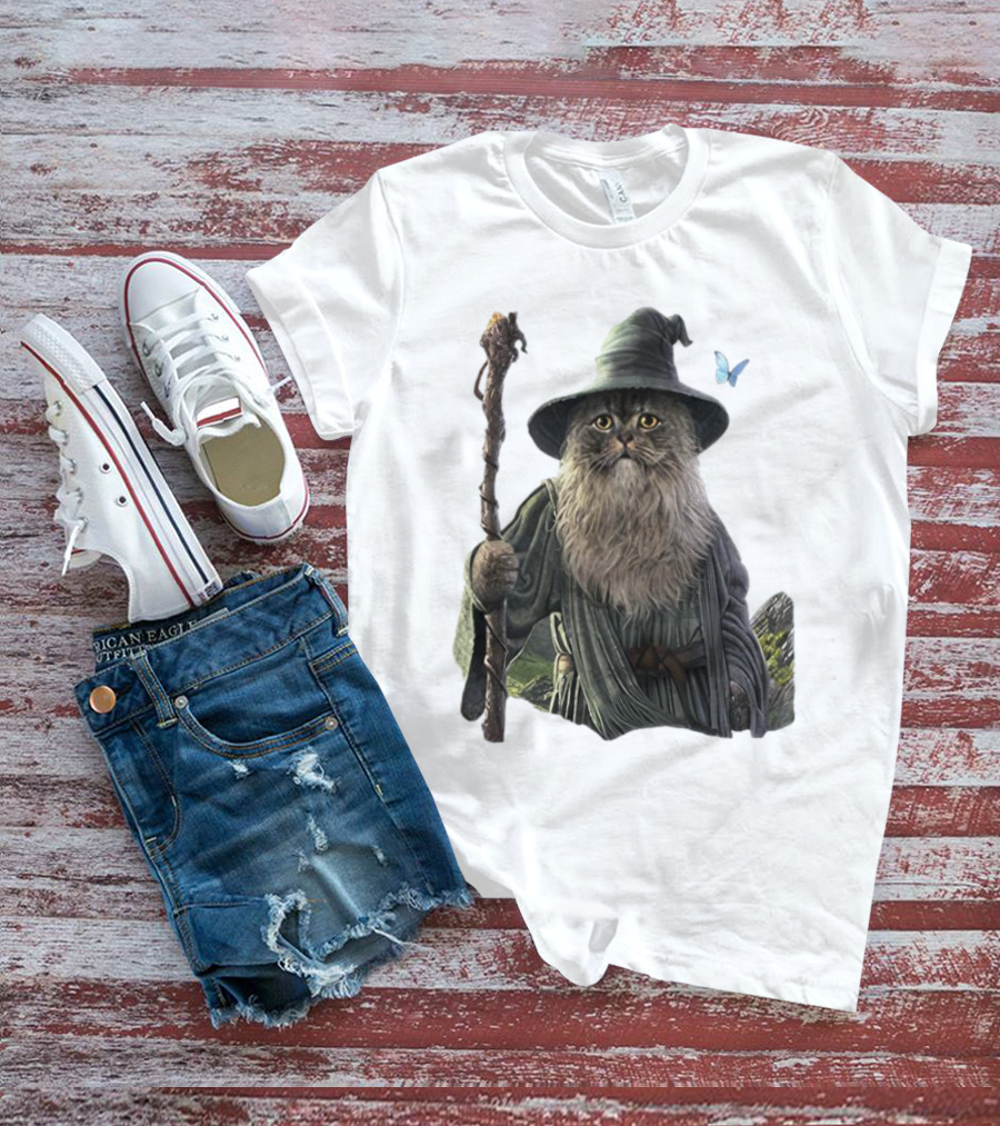 Cat The Mountain Wizard Catdalf Cat With Staff And Hat T-Shirt