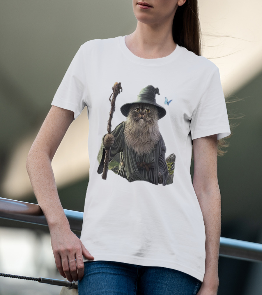 Cat The Mountain Wizard Catdalf Cat With Staff And Hat T-Shirt
