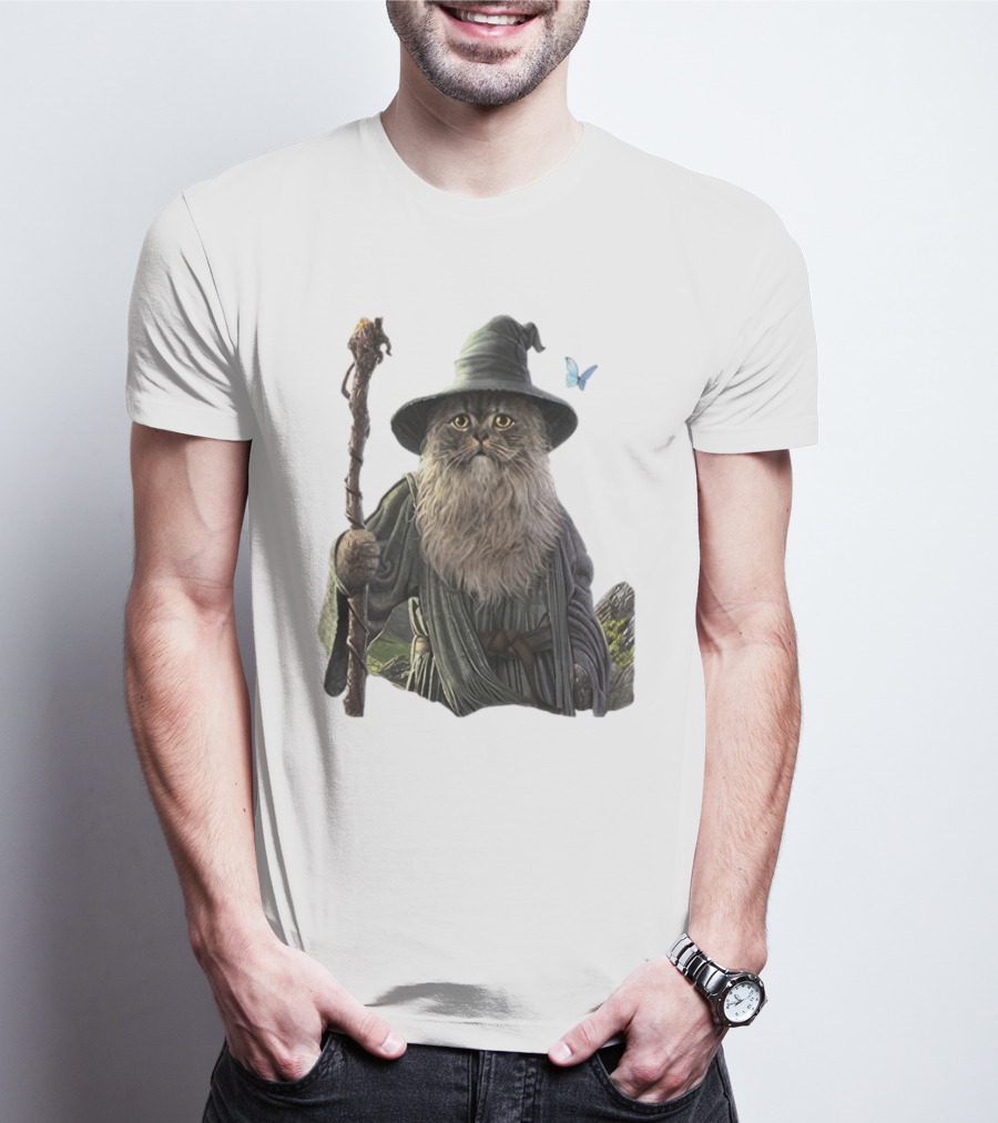 Cat The Mountain Wizard Catdalf Cat With Staff And Hat T-Shirt