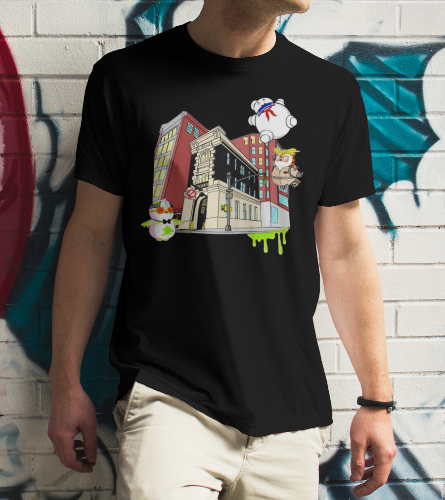 Stay Puft Marshmallow Man Pudgy Penguins Ghostbusters Firehouse Scene T-Shirt