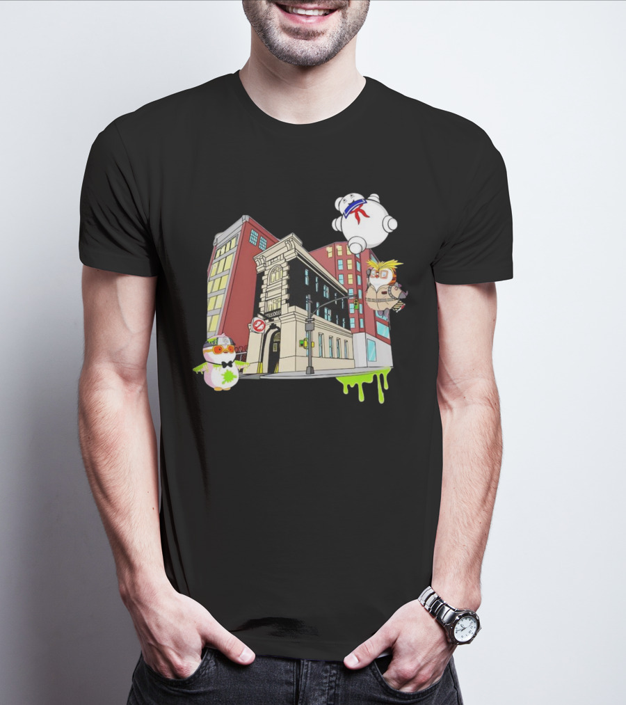 Stay Puft Marshmallow Man Pudgy Penguins Ghostbusters Firehouse Scene T-Shirt