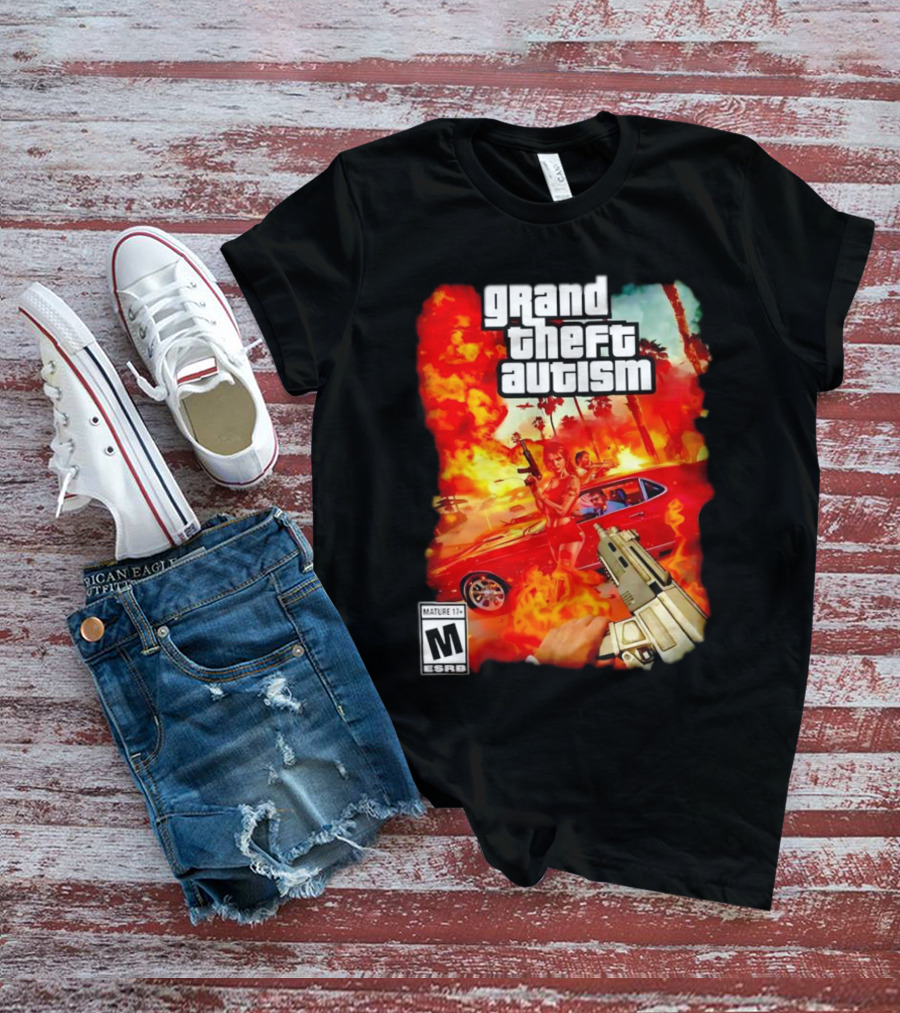 Grand Theft Autism Video Game Cover Parody With Car And Weapon T-Shirt