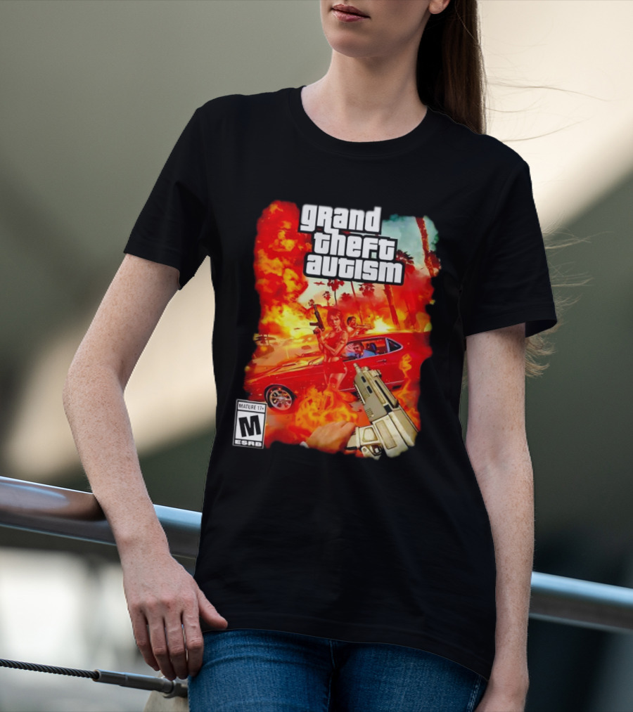 Grand Theft Autism Video Game Cover Parody With Car And Weapon T-Shirt