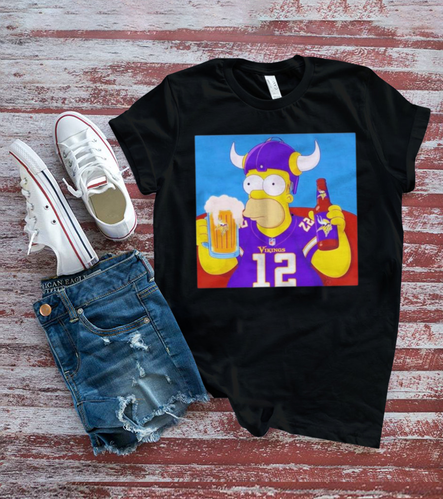 Homer Simpson In Minnesota Vikings Gear Drinking Beer T-Shirt