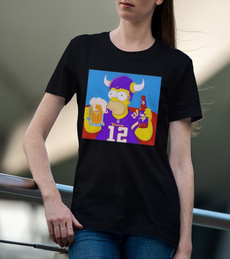 Homer Simpson In Minnesota Vikings Gear Drinking Beer T-Shirt