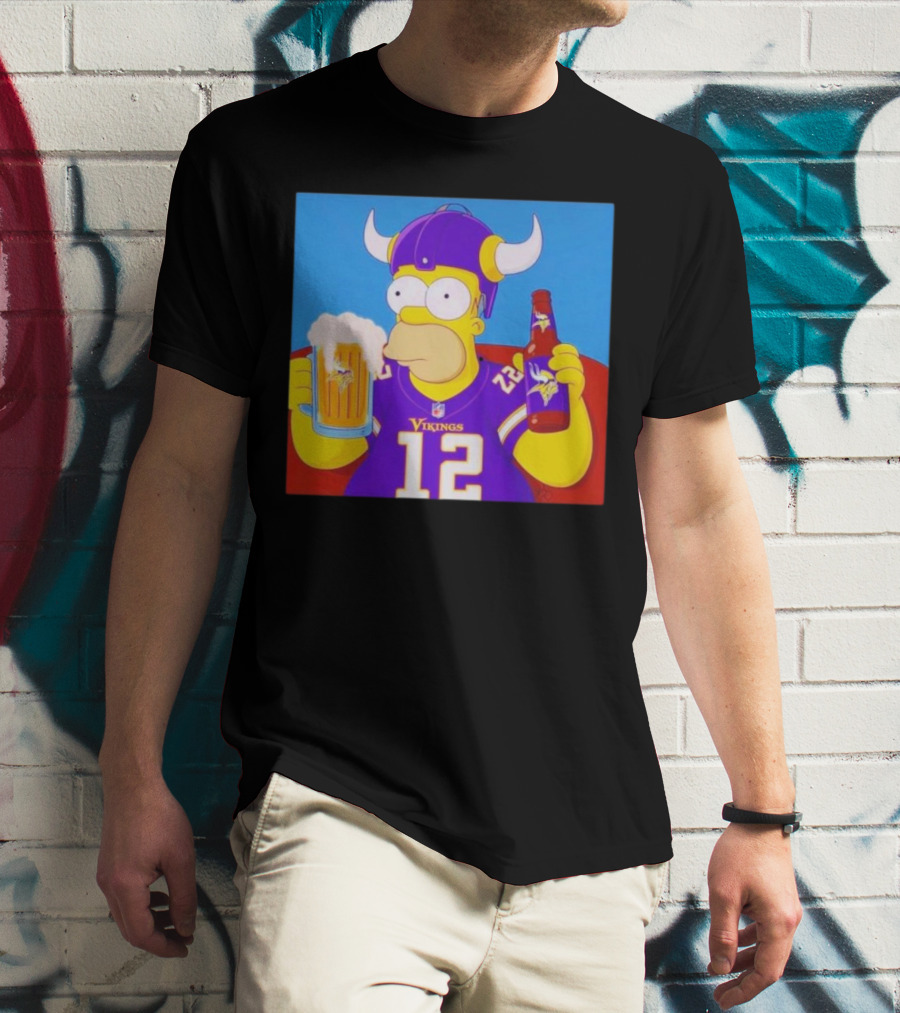Homer Simpson In Minnesota Vikings Gear Drinking Beer T-Shirt