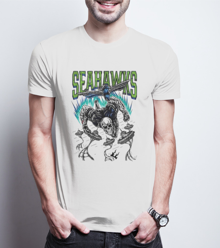 Seattle Seahawks Skeleton With Winged Bird And Blue Flames T-Shirt