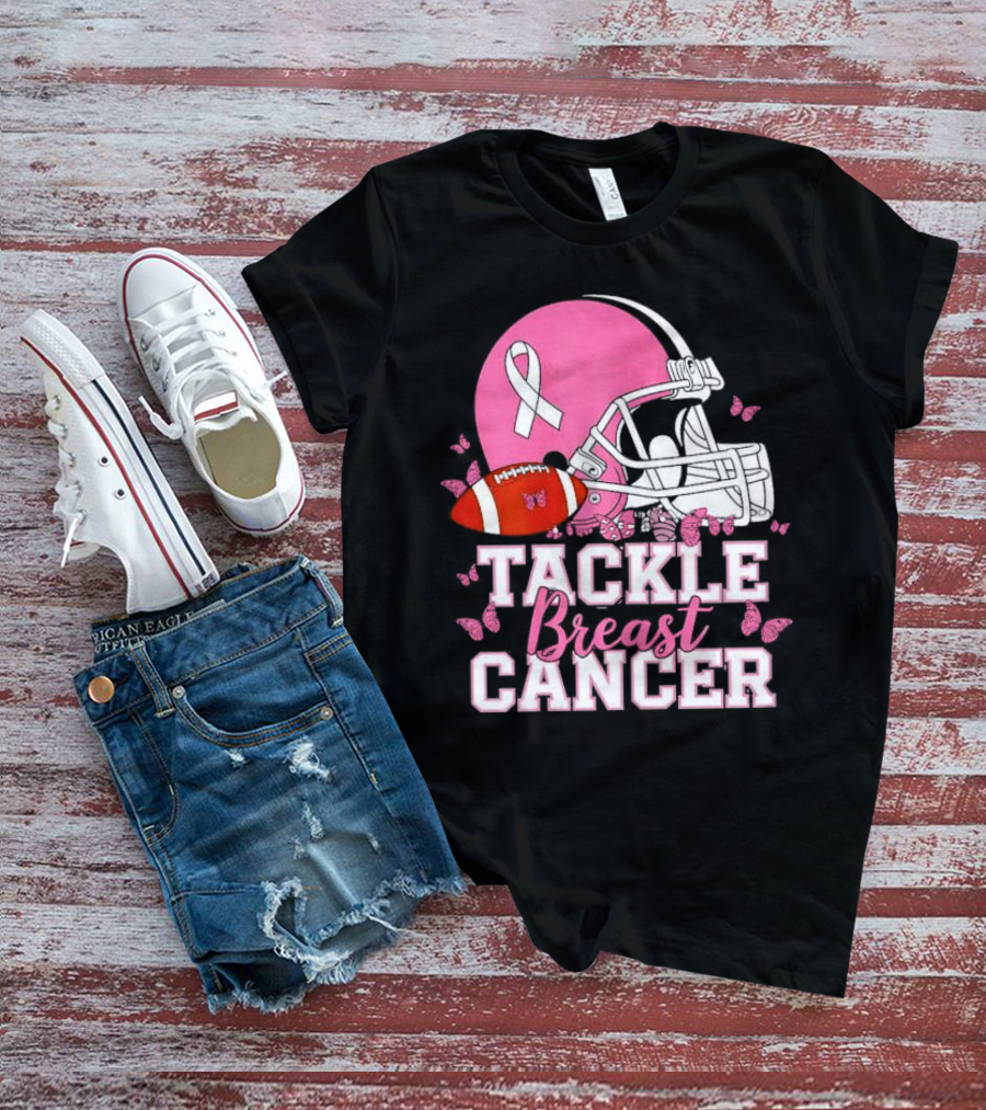 Tackle Breast Cancer Awareness Pink Football Helmet Ribbon Butterflies T-Shirt