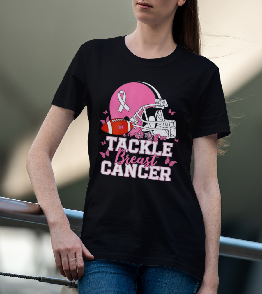 Tackle Breast Cancer Awareness Pink Football Helmet Ribbon Butterflies T-Shirt